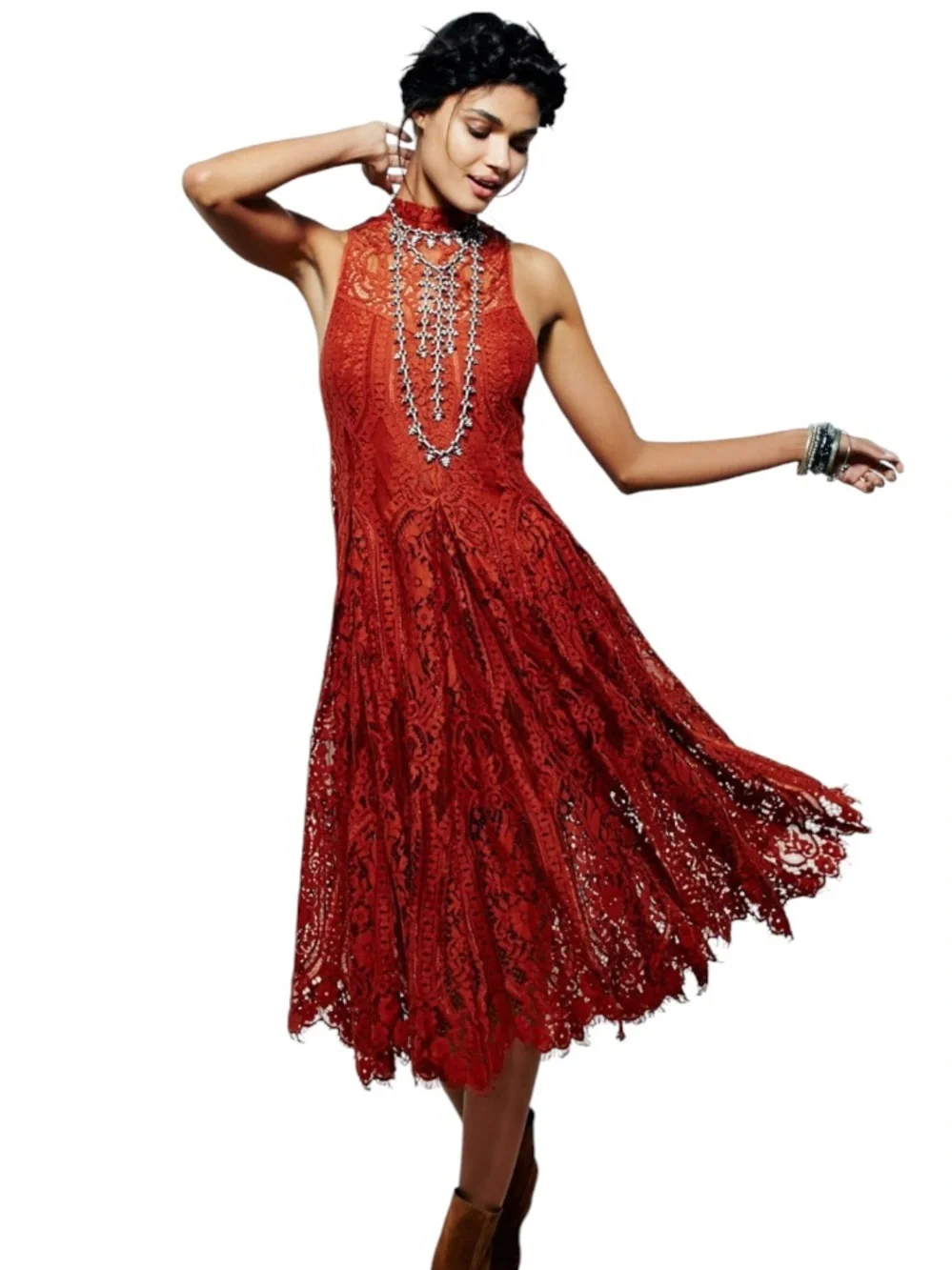 Free People Angel Ray Scalloped Lace Sleeveless Midi Dress Copper/Rust Orange XS